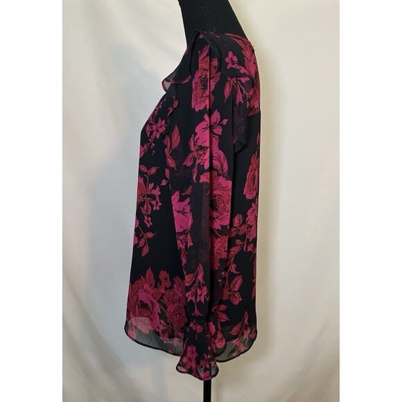 Roz & Ali Red Black Floral Whimsigoth Sheer Ruffles Long Sleeve Top Women SMALL - Picture 2 of 12